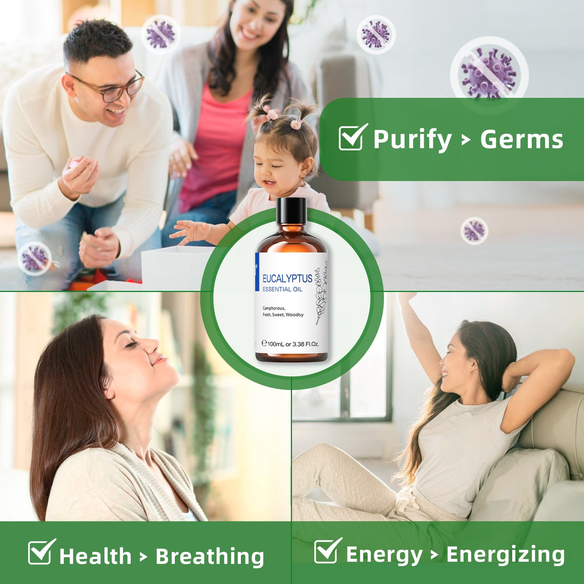 HIQILI Eucalyptus essential oil usage illustration for home freshening and everyday wellbeing