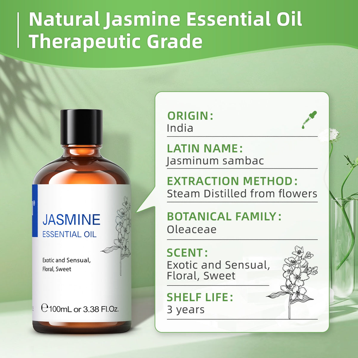 HIQILI Jasmine Ylang Ylang Orange aromatherapy oil bottle for relaxation, scent diffusion, and spa-style home use.