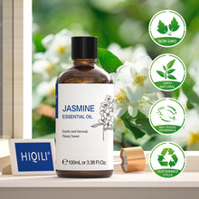 HIQILI 100ml jasmine essential oil bottle with its screw cap and separate glass pipette, shown with non-GMO, 100% natural, cruelty-free and sustainable-sourcing marks.