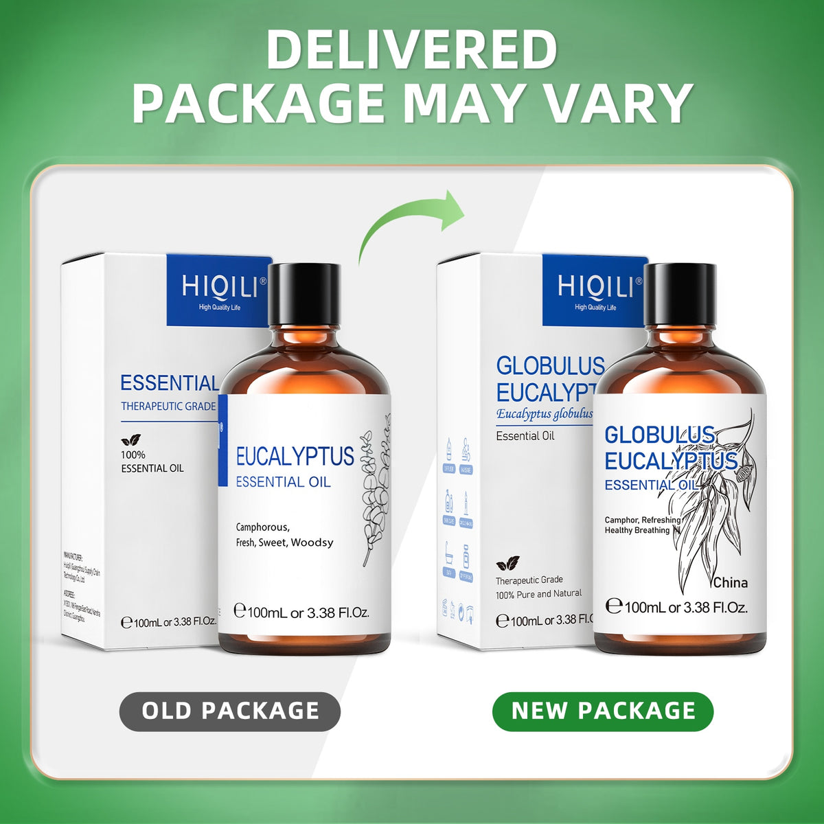 HIQILI Eucalyptus globulus essential oil packaging comparison showing the old and new 100ml box designs