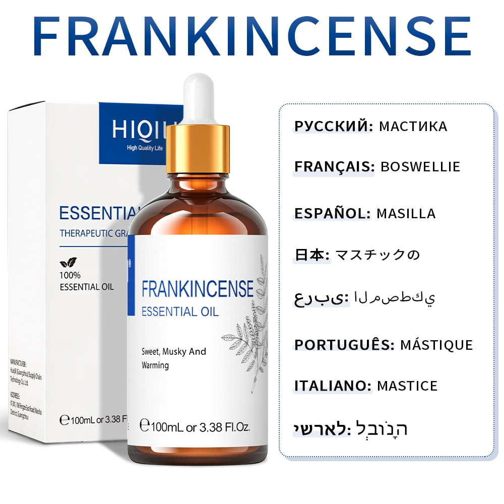 HIQILI Frankincense essential oil 100ml bottle and box with multilingual scent name labelling