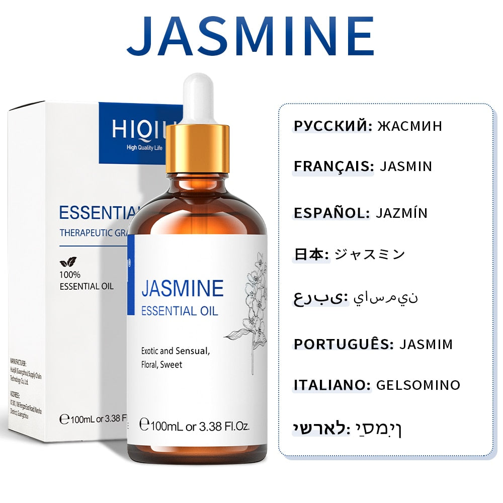 HIQILI Jasmine essential oil 100ml bottle and box with multilingual scent name labelling