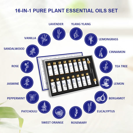 HIQILI essential oils set with sixteen 10ml bottles for massage blending, diffuser sessions, and daily aromatherapy use.