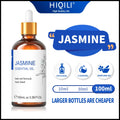 HIQILI jasmine essential oil in a 100ml amber glass bottle with a glass dropper, labelled exotic and sensual, floral, sweet, and marked for diffusion, cleaning and perfume blending.