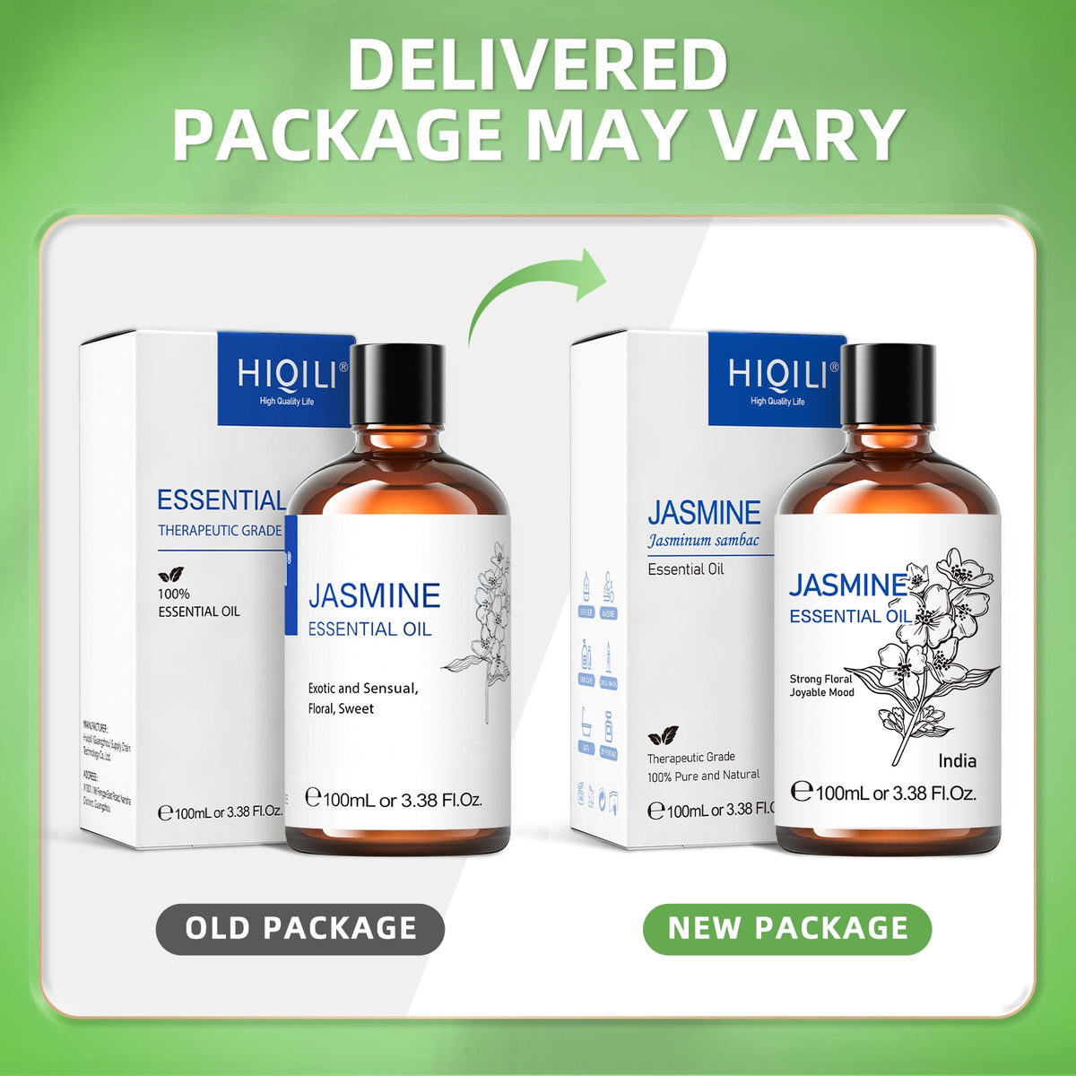 HIQILI Jasmine Ylang Ylang Orange essential oil bottle for diffuser use, relaxing aromatherapy, and freshening indoor spaces.