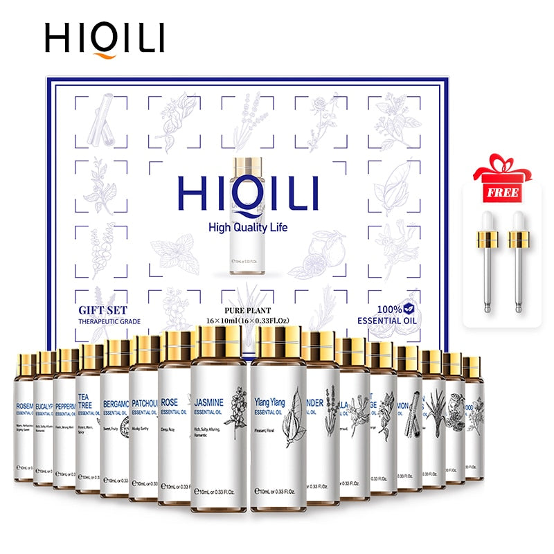 HIQILI essential oil gift box printed with botanical line art, 16 x 10ml, shown with the amber bottles and the two included glass droppers.
