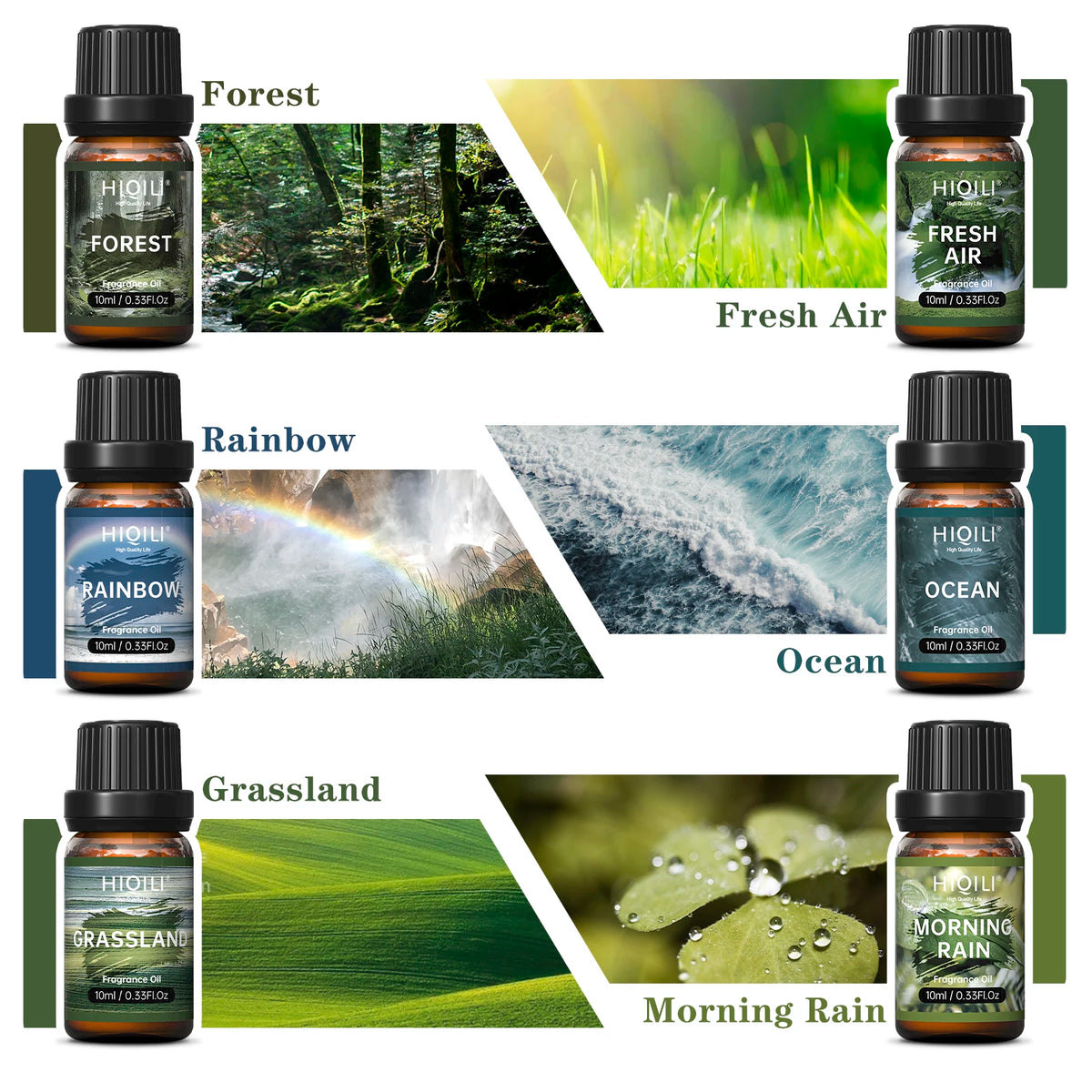 HIQILI Nature-Themed Fragrance Oils Set of 6 individually labeled bottles for diffusers and candle making.