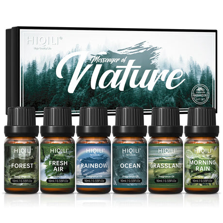 HIQILI Nature-Themed Fragrance Oils set of 6 bottles for candle making, soap crafting, and home fragrance use.