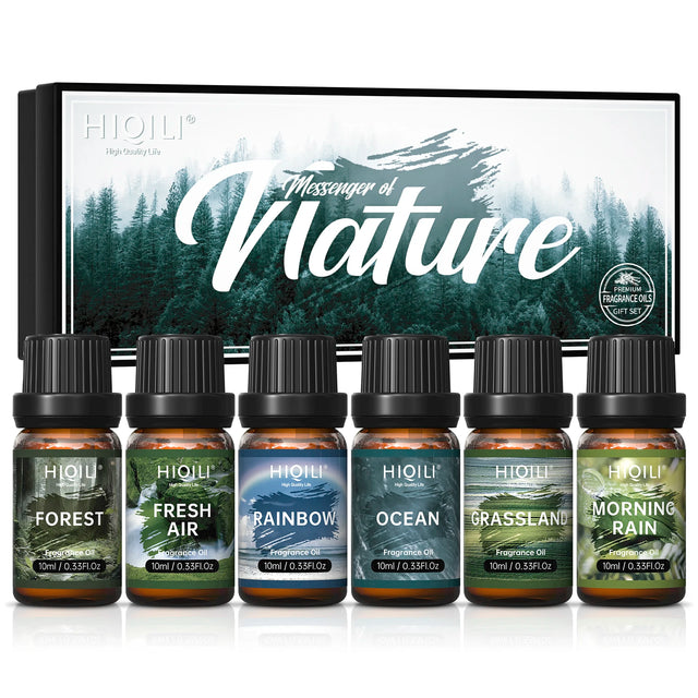 HIQILI Nature-Themed Fragrance Oils set of 6 bottles for candle making, soap crafting, and home fragrance use.