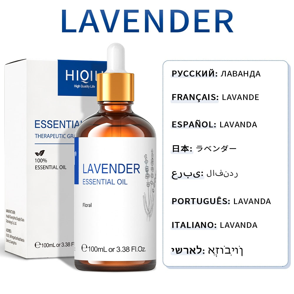 HIQILI Lavender essential oil 100ml bottle and box with multilingual scent name labelling