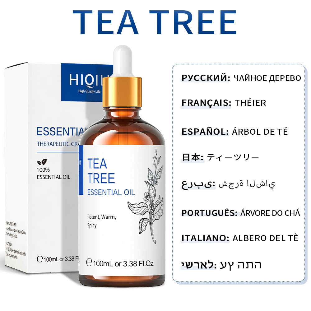 HIQILI Tea Tree essential oil 100ml bottle and box with multilingual scent name labelling