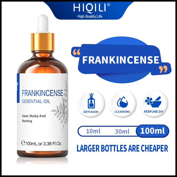 HIQILI Frankincense essential oil 100ml bottle with glass dropper, shown with 10ml, 30ml and 100ml size options