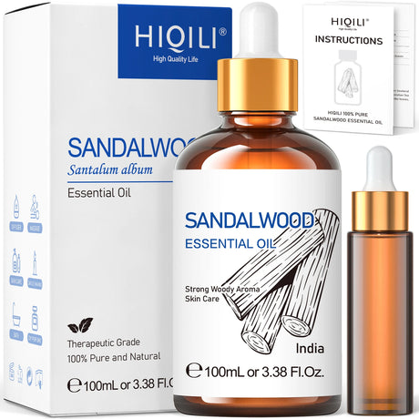 HIQILI Sandalwood Essential Oil 100ML bottle for aromatherapy, diffuser use, and relaxation.