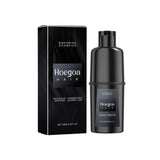 Hoegoa Herbal Hair Dye Shampoo in black color — bottle and packaging on white background.