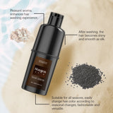 Hoegoa Herbal Hair Dye Shampoo bottle with product features highlighted on textured beige background.
