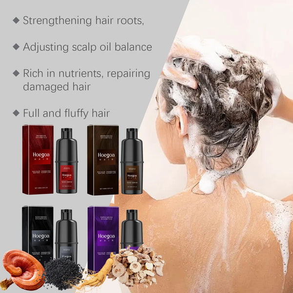 Hoegoa Herbal Hair Dye Shampoo usage guide with before and after hair wash steps.