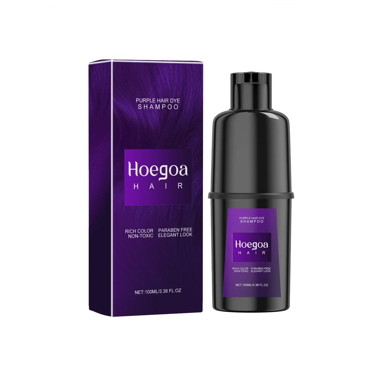 Hoegoa Herbal Hair Dye Shampoo in purple color — bottle and packaging on white background.