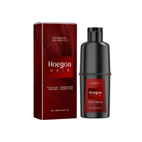 Hoegoa Herbal Hair Dye Shampoo in red color — bottle and packaging on white background.