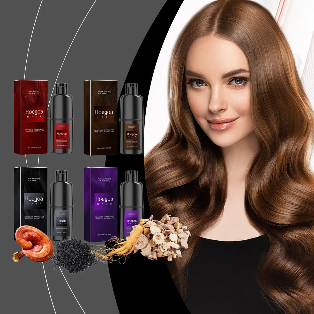 Woman with long brown hair next to Hoegoa Herbal Hair Dye Shampoo packaging on gray background.