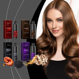 Woman with long brown hair next to Hoegoa Herbal Hair Dye Shampoo packaging on gray background.