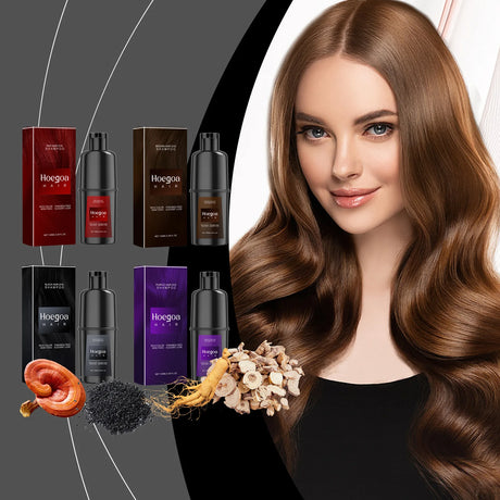 Woman with long brown hair next to Hoegoa Herbal Hair Dye Shampoo packaging on gray background.