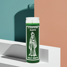 Holy Death green 7 day prayer candle for ritual work, petitions, and devotional practice.