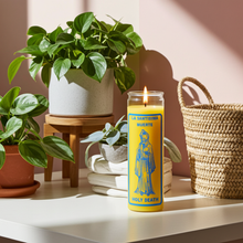 Holy Death La Santisima Muerte yellow 7 day candle for prayer, spiritual devotion, and altar use.