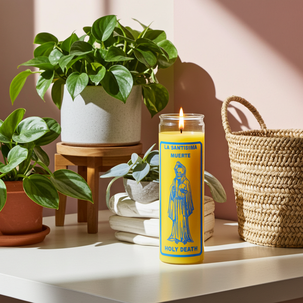 Holy Death La Santisima Muerte yellow 7 day candle for prayer, spiritual devotion, and altar use.