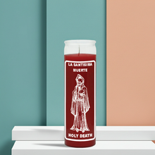 LA SANTISIMA MUERTE-HOLY DEATH red glass 7 day prayer candle for petitions, ritual work, and altar devotion.