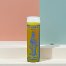 Holy Death yellow glass 7 day prayer candle for altar rituals, spiritual offerings, and daily prayer use.