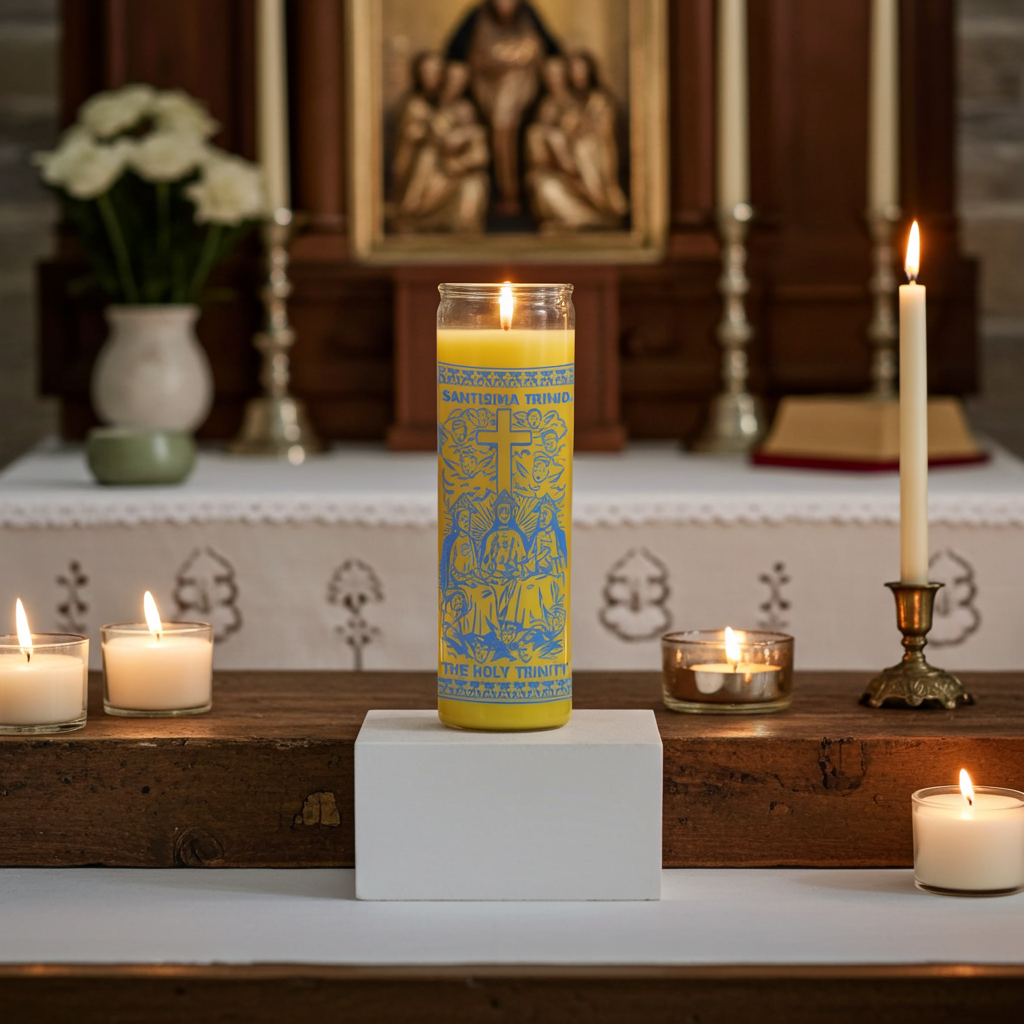 Holy Trinity 7 day yellow prayer candle in glass for novena prayer, blessing, and devotional practice.