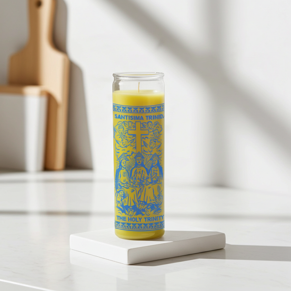 Holy Trinity yellow 7 day candle glass jar candle for prayer, spiritual devotion, and altar use.