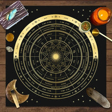 Tarot & Zodiac Astrology tablecloth for horoscope interpretation, tarot reading practice, and sacred space decor.