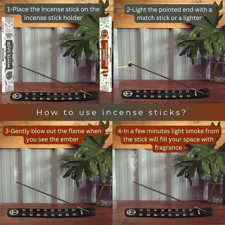 Step-by-step guide on how to use incense sticks with text and images.