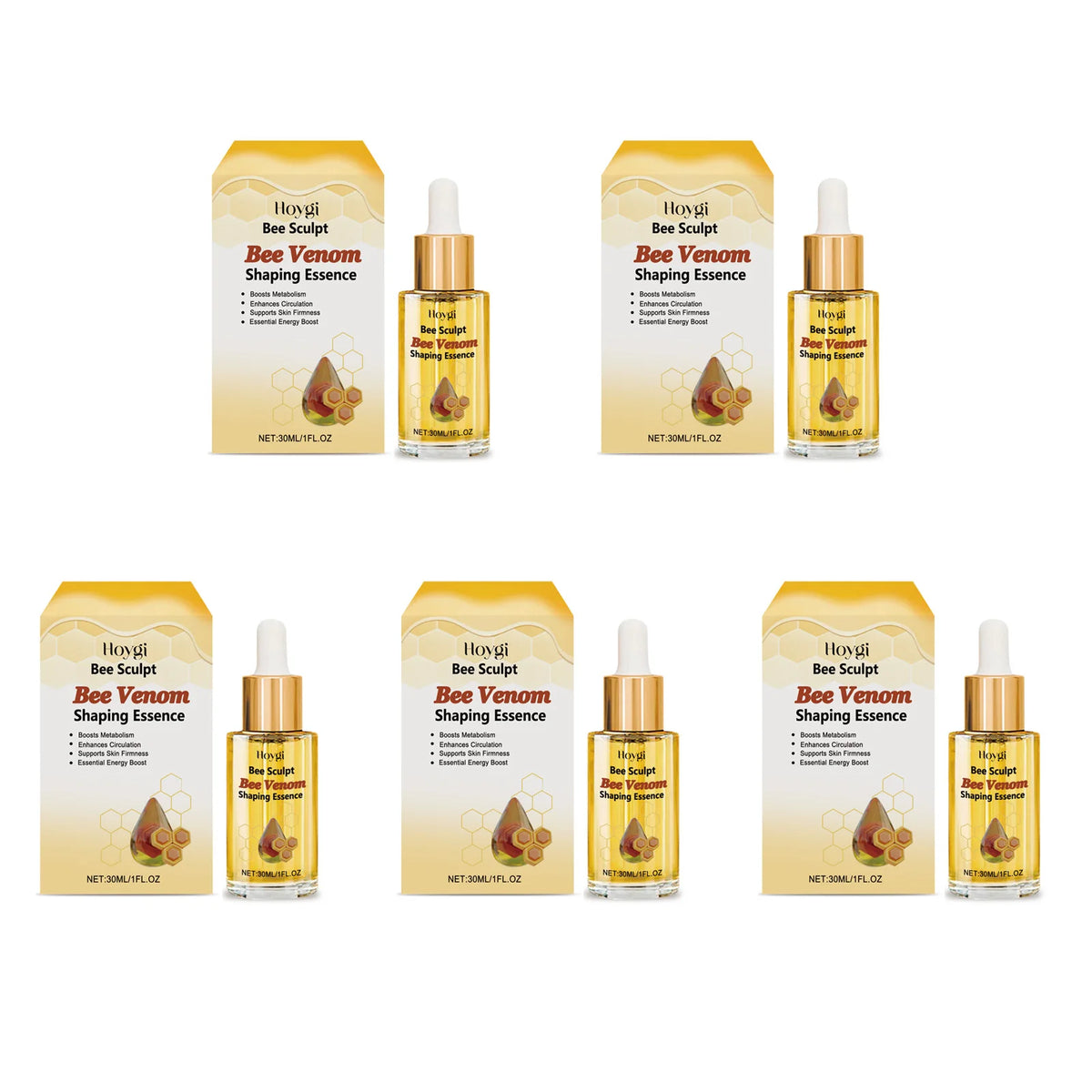 Hoygi Bee Venom body shaping oil for daily massage, skin firming care, and body contour massage routines on thighs and belly.