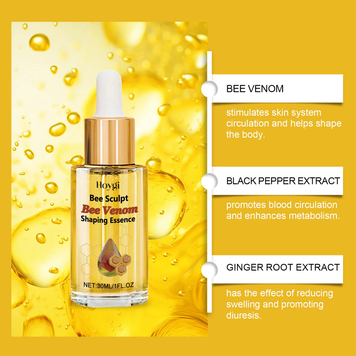 Hoygi Bee Venom lifting oil for thigh, leg, and body massage to support a firmer-looking skin care routine with regular use.