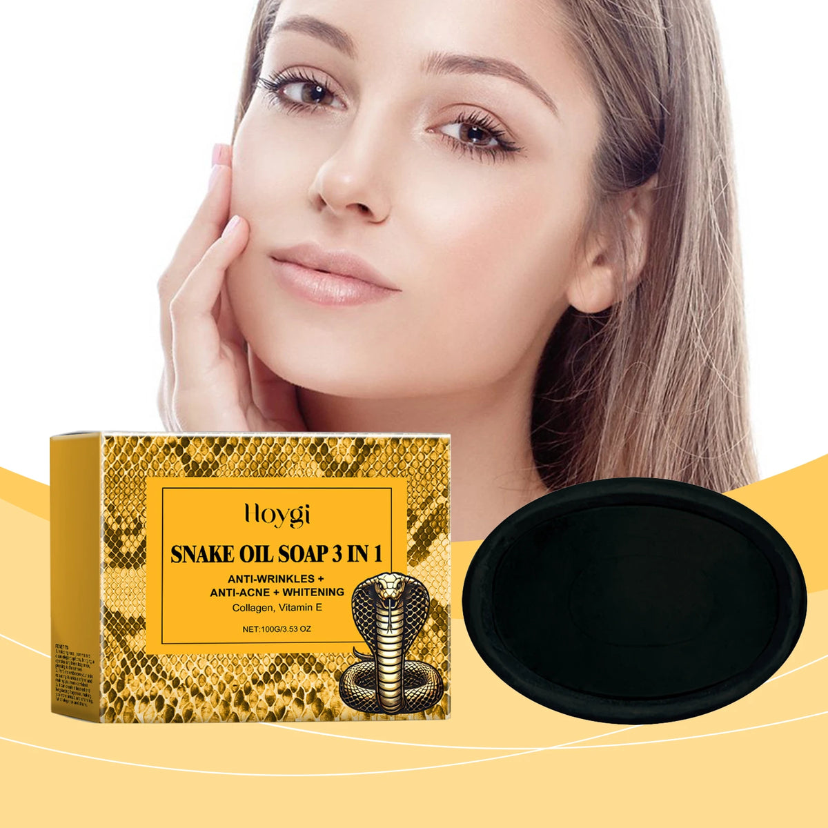 Hoygi Snake Oil 3-in-1 Facial Cleansing Soap front packaging on yellow background for oil control.