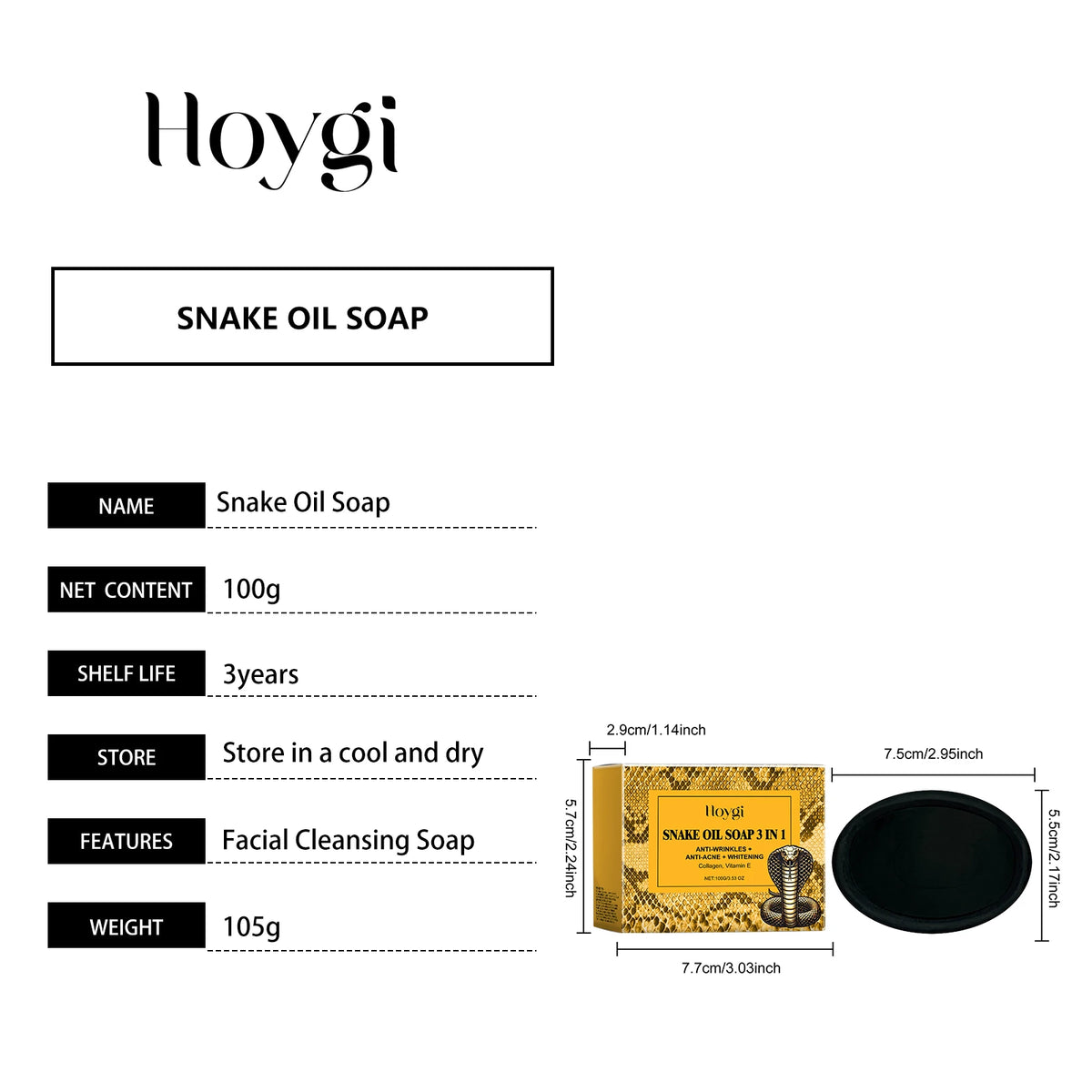 Hoygi Snake Oil Facial Cleansing Soap product information and ingredients on white background.