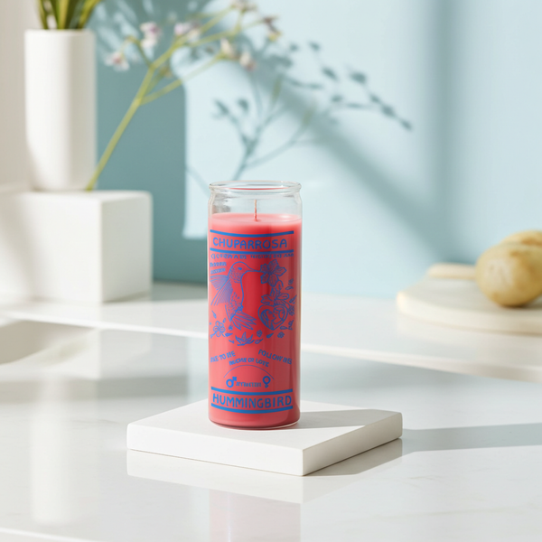 Hummingbird Chuparrosa pink 7 day candle in glass jar for prayer, spiritual rituals, and devotional use.