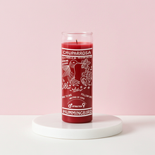 Hummingbird Chuparrsa 1 color red 7 day candle in glass jar for spiritual rituals, prayer, and devotional use.