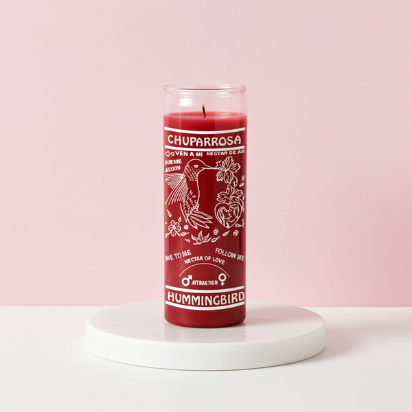Hummingbird Chuparrsa 1 color red 7 day candle in glass jar for spiritual rituals, prayer, and devotional use.