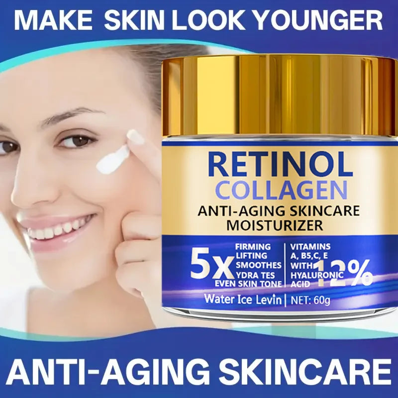 Retinol & Collagen facial cream jar with hyaluronic acid for deep hydration, skin-plumping care, and anti-aging support.