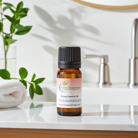 Hyssop essential oil bottle for aromatherapy, diffuser use, and relaxing home fragrance blends.