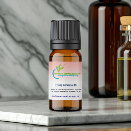 Hyssop essential oil bottle for massage oil blending, diluted topical use, and aromatherapy practice.