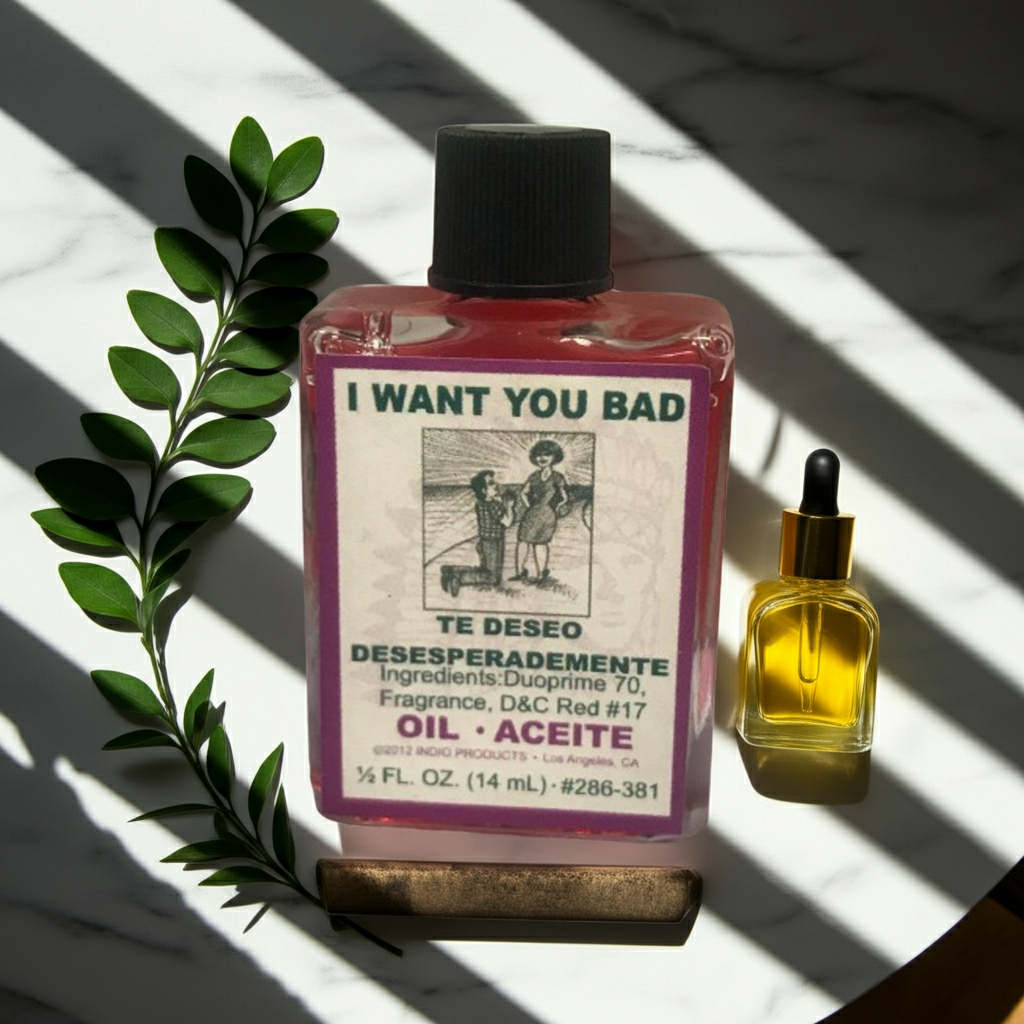 I Want You Bad Wish Oil conjure oil bottle for attraction rituals, spell work, and focused spiritual practice.