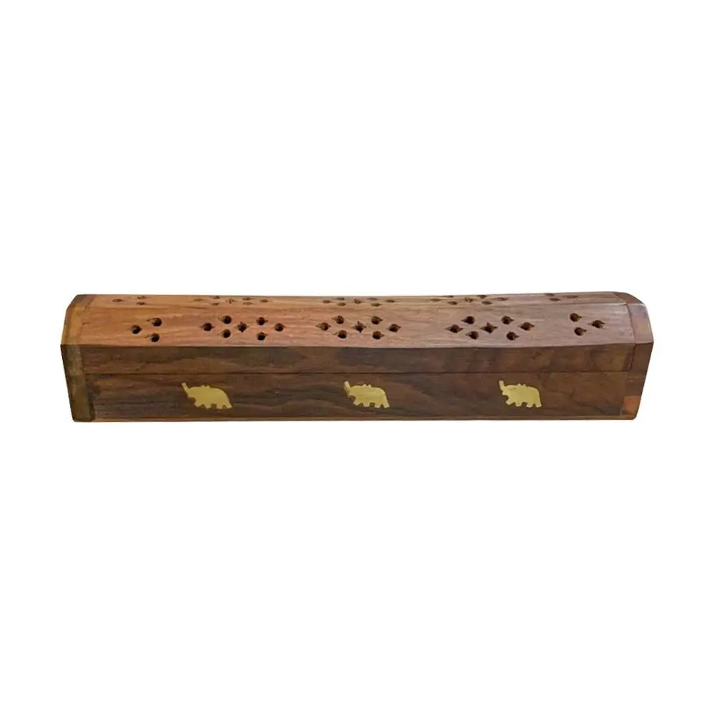 Incense stick burner box wooden holder for keeping incense contained during relaxation, yoga sessions, and spiritual use.