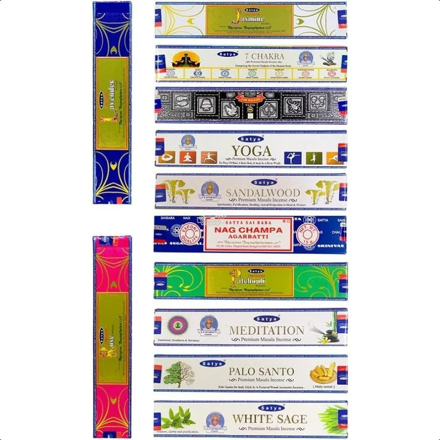 Collection of incense sticks in various packaging on a white background