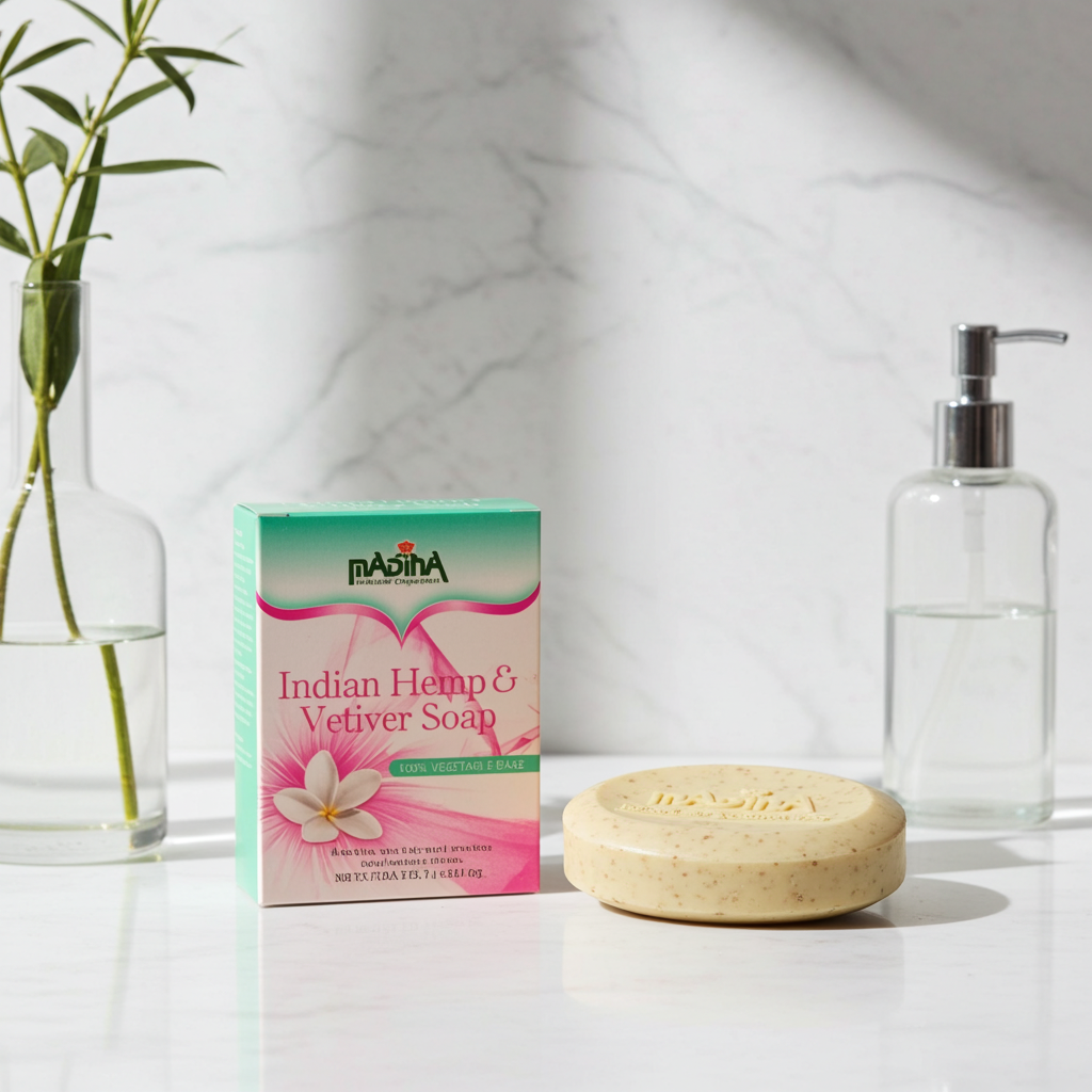 Madina Indian Hemp Vetiver Soap bar for skincare, body cleansing, and regular bath routines.