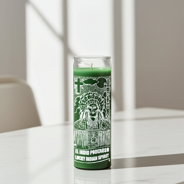 Indian Spirit green 7 day candle in glass jar for prayer, spiritual rituals, and devotional use.
