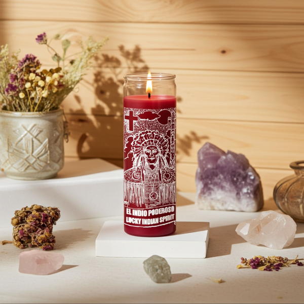Indian Spirit red 7 day candle in glass jar for prayer, spiritual rituals, and devotional use.